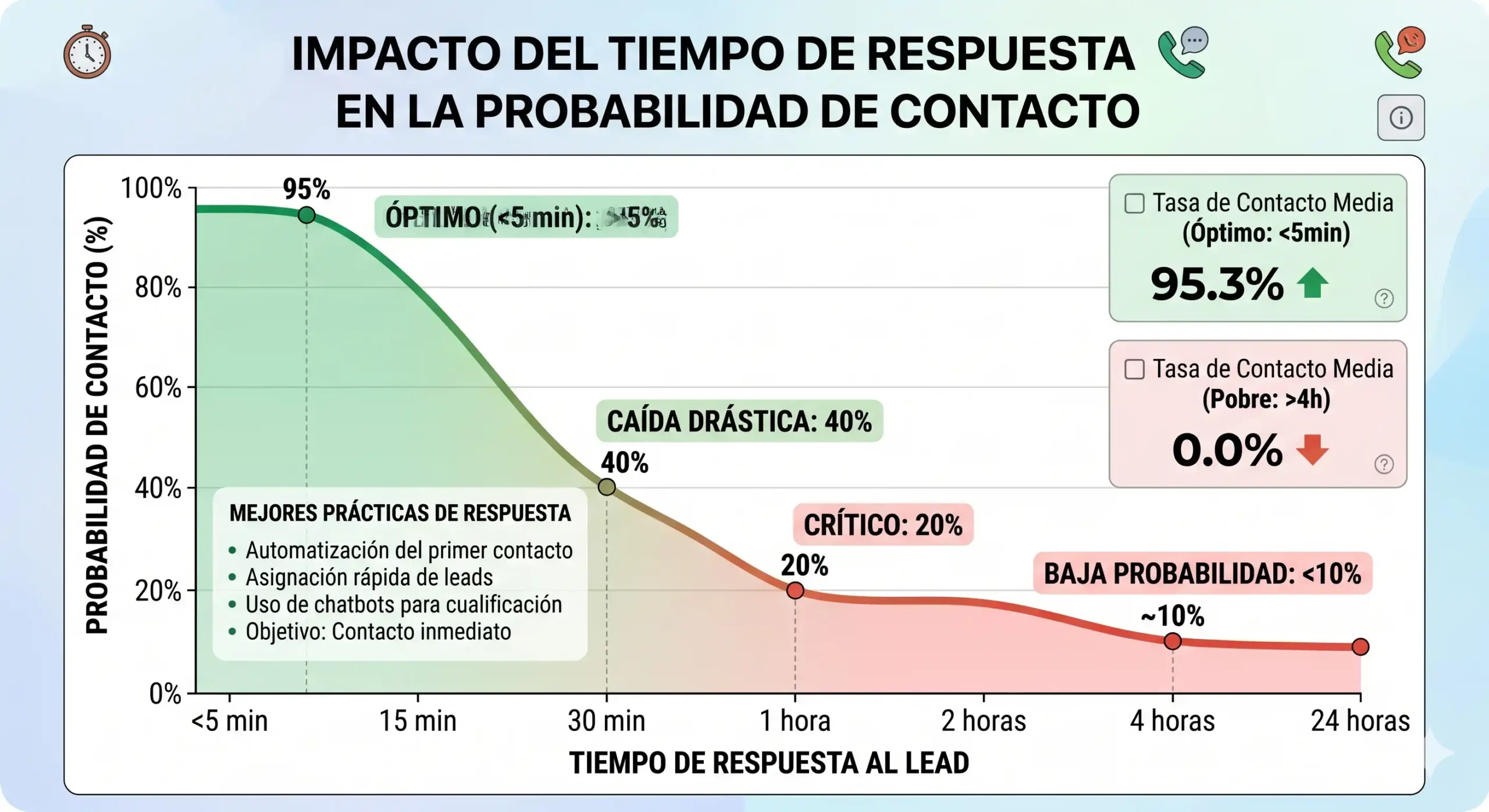 gráfico de caída en probabilidad de contacto según tiempo de respuesta al lead