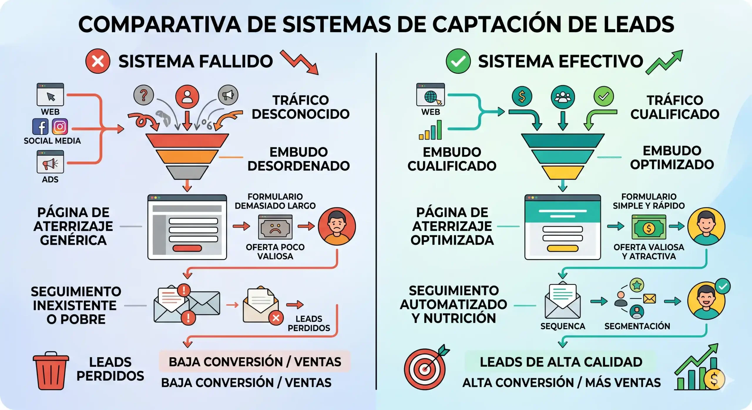 esquema de un sistema de captación de leads fallido vs. efectivo