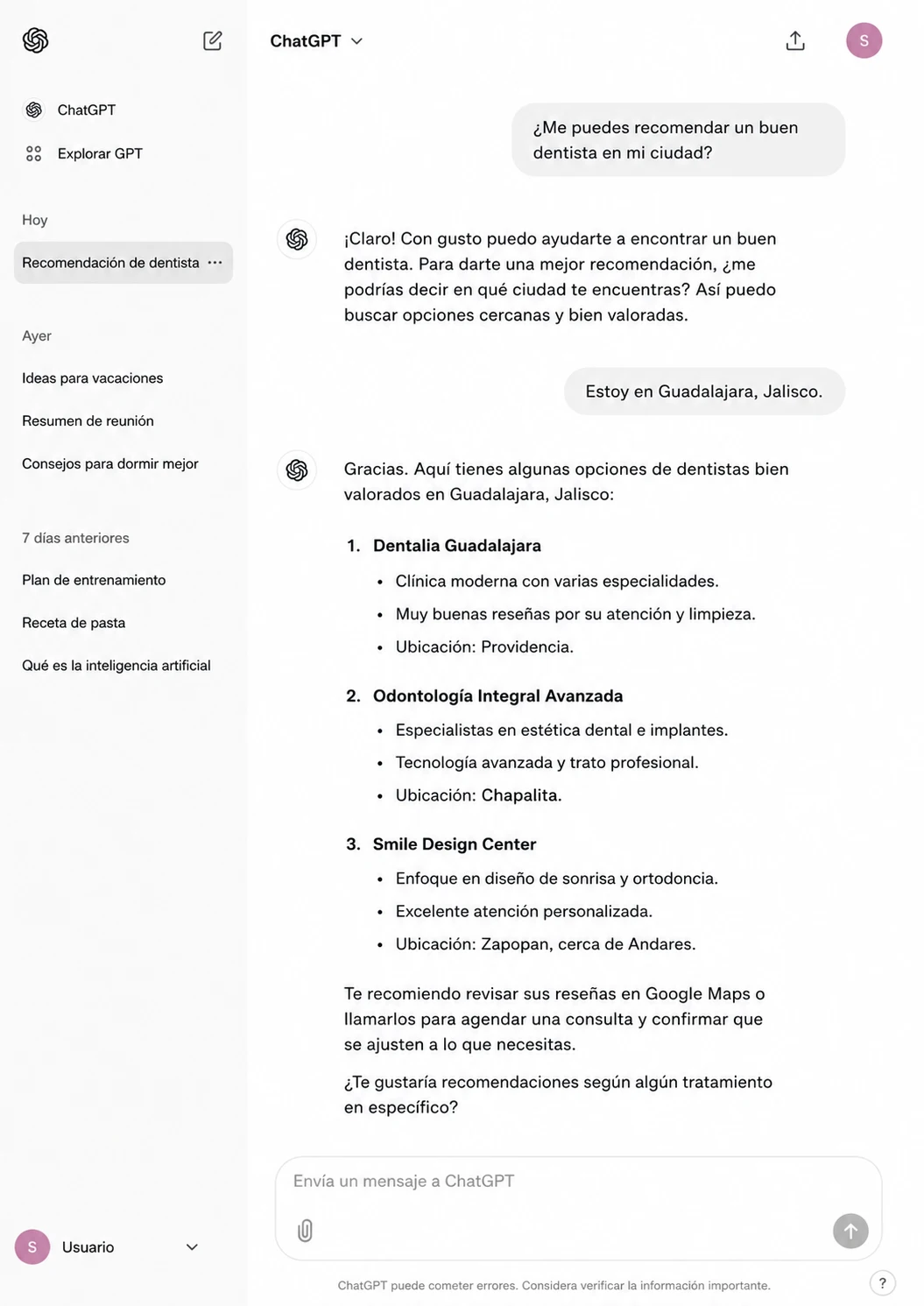 cómo aparecer en ChatGPT dentista