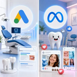 ilustrado a un lado el logo de google ads y al otro meta ads y algo relacionado con dentistas