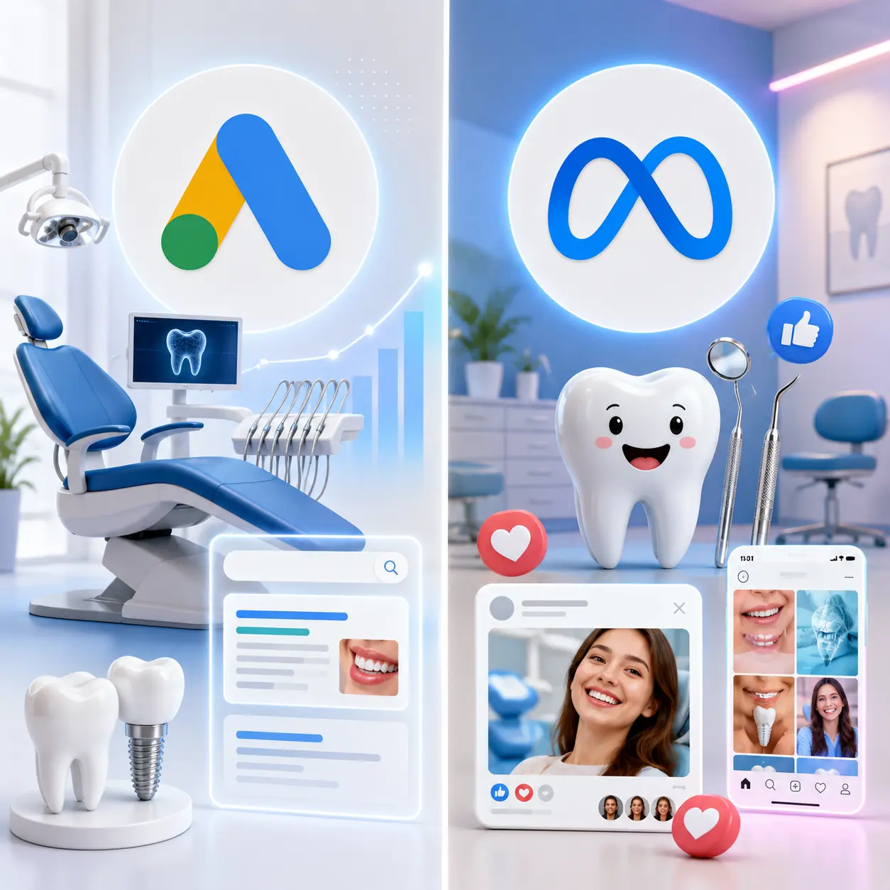ilustrado a un lado el logo de google ads y al otro meta ads y algo relacionado con dentistas