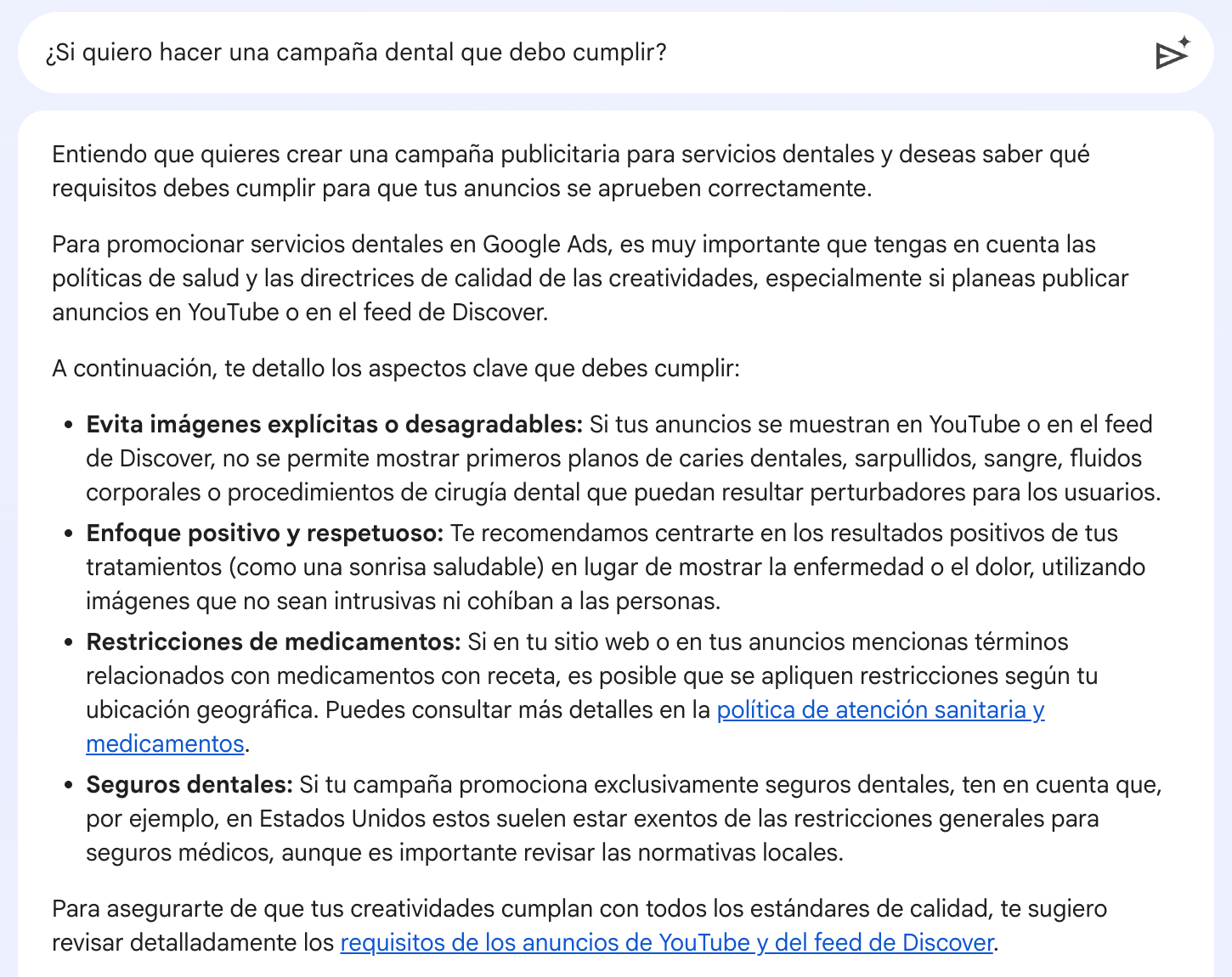 captura de pregunta a la ia de google sobre las políticas para publicidad en google ads