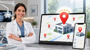 mockup dentista con un portatil y google maps