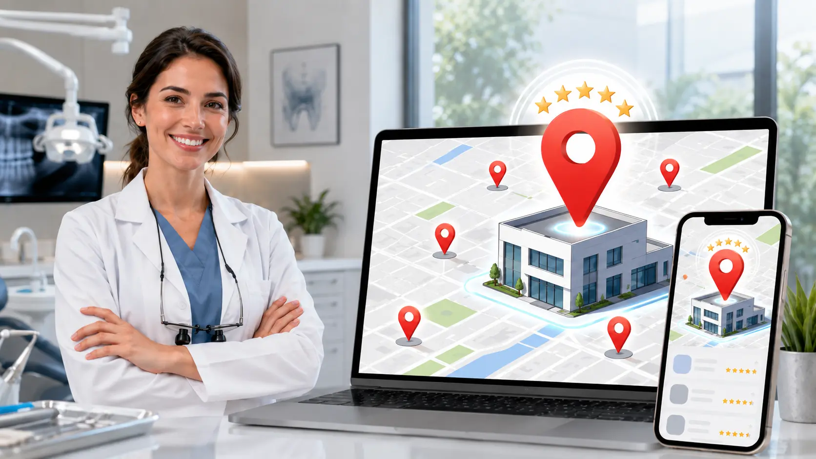 mockup dentista con un portatil y google maps