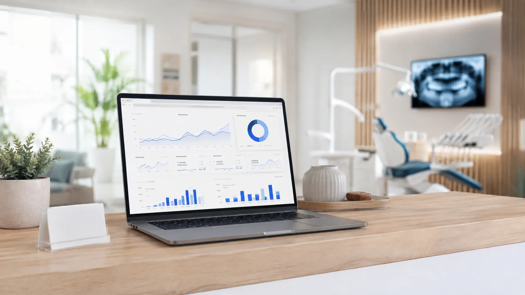 Dashboard de campaña de Google Ads en un portátil sobre el mostrador de recepción de una clínica dental moderna